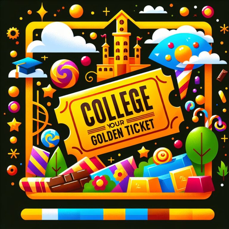 Golden ticket with ‘College is your golden ticket’ text, surrounded by colorful candy and graduation memorabilia, inspired by Charlie and the Chocolate Factory.