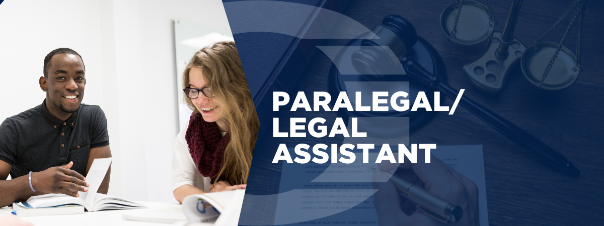 Oulton College Paralegal students conducting legal research, with legal objects like a scale, gavel, and a person signing a document in the background.