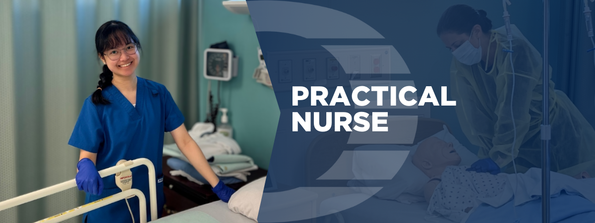 An Oulton College practical nurse student practices clinical skills in the nursing lab, while an instructor demonstrates CPR techniques on a patient in a hospital bed.