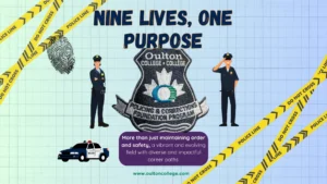 Oulton College Policing and Corrections Foundation Program badge with two law enforcement officers, police tape, and a small police car.