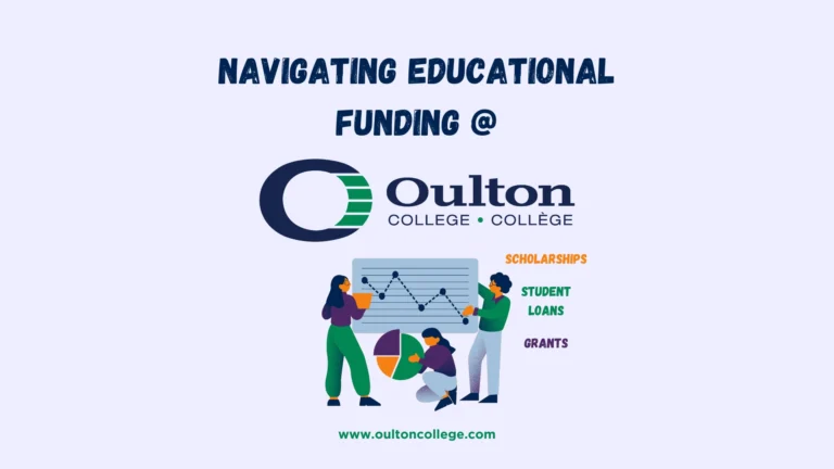 Infographic titled 'Navigating Educational Finance at Oulton College' showing various financial aid options, scholarships, grants and student loans for managing education costs.