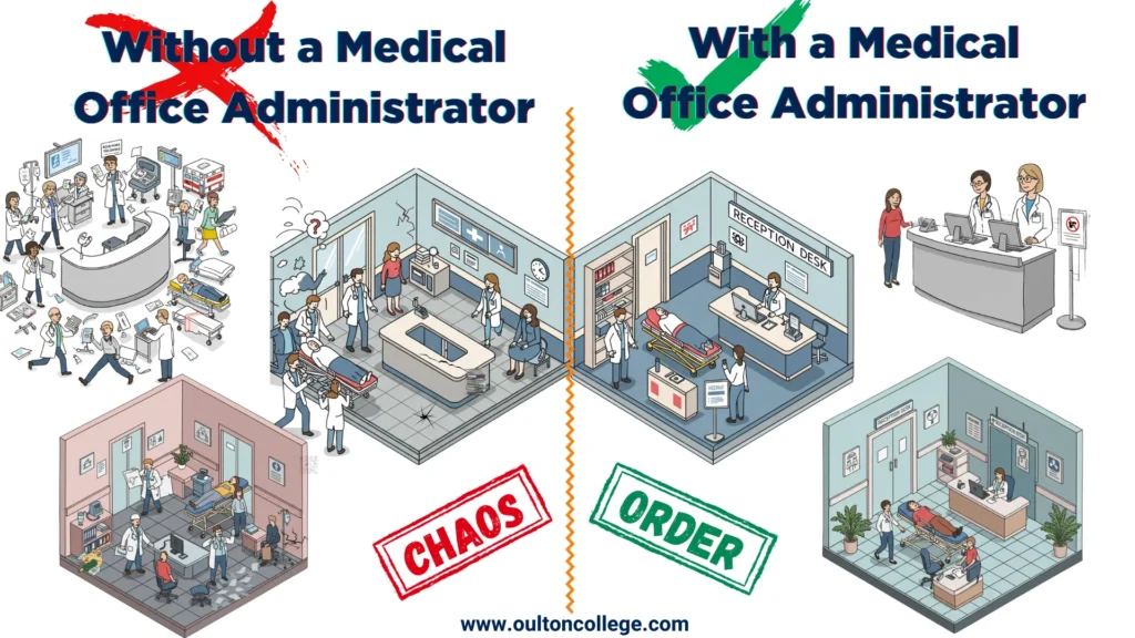 Two versions of a medical office scene: one chaotic without a Medical Administration Assistant, and one orderly with a Medical Administration Assistant.