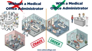 Two versions of a medical office scene: one chaotic without a Medical Administration Assistant, and one orderly with a Medical Administration Assistant.