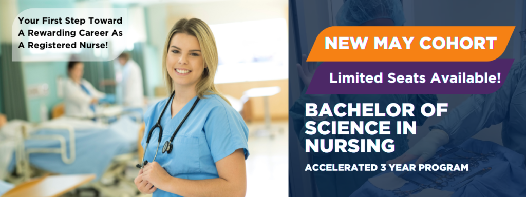 A Bachelor of Science in nursing student from Oulton College checks a patient's vitals during a clinical session, while an instructor in scrubs explains the use of surgical implements. Banner introduces the New May Start for this BScN Program.