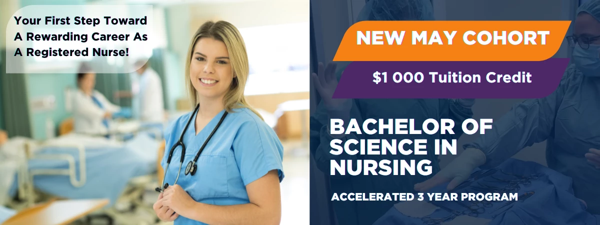 A Bachelor of Science in nursing student from Oulton College checks a patient's vitals during a clinical session, while an instructor in scrubs explains the use of surgical implements. Banner introduces the New May Start for this BScN Program.