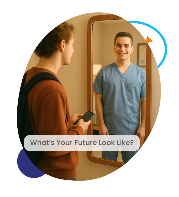 Student with brown hair, wearing a orange jumper with a black back pack and Mobile device in his hand. Looking into a mirror at his future self as an Oulton College Bachelor of Science in Nursing Program Graduate, wearing scrubs and ready to attend to a patient.