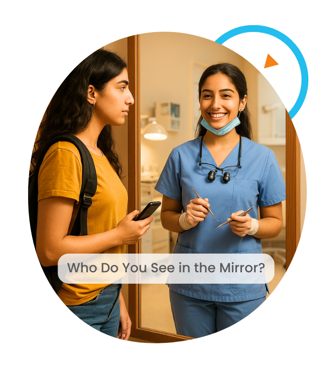 Student with medium long black hair, wearing a yellow shirt and jeans, holding a mobile and black bag. Student is looking at her future self in a mirror smiling back at her, wearing Dental Scrubs and holding Dental instruments.