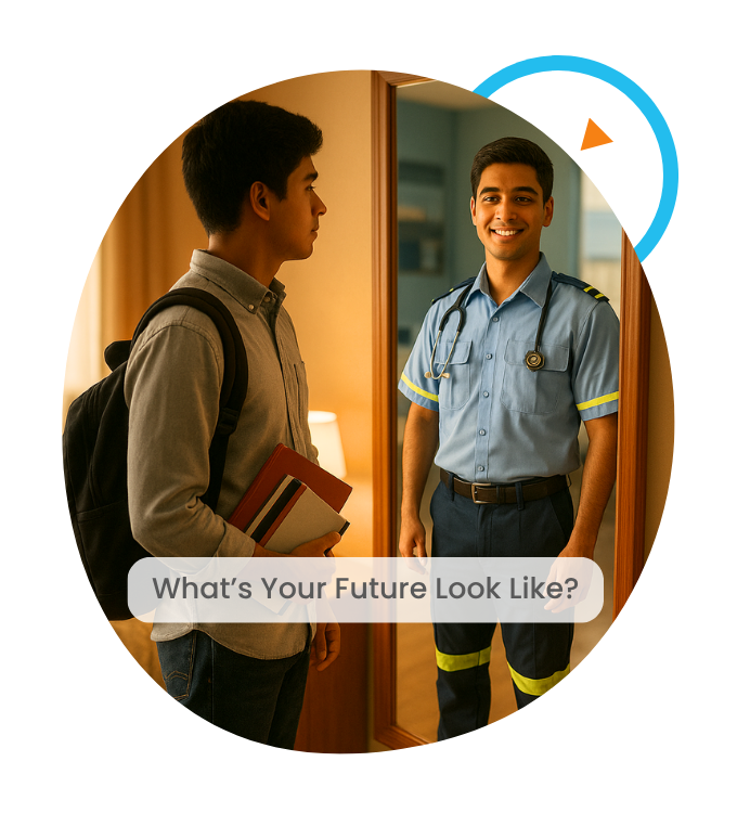 Student with short brown hair, wearing a shirt with a black back pack and books in his hand. Looking into a mirror at his future self in an Oulton College Primary Care Paramedic Program uniform.