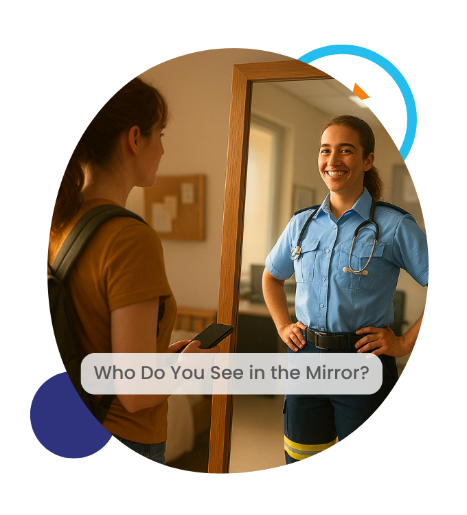 Student with medium long brown hair, wearing a yellow shirt and jeans, holding a mobile and black bag. Student is looking at her future self in a mirror smiling back at her, wearing an Oulton College Primary Care Paramedic uniform.