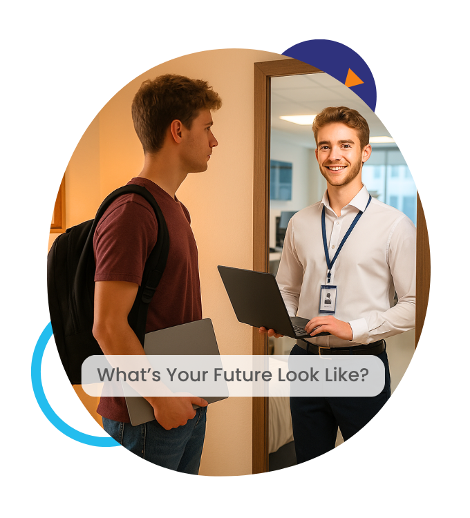 Student with short brown hair, wearing a Maroon shirt with a black back pack and laptop in his hand. Looking into a mirror at his future self as an Oulton College Cybersecurity and Systems Management Program Graduate working as a Information Technology specialist.