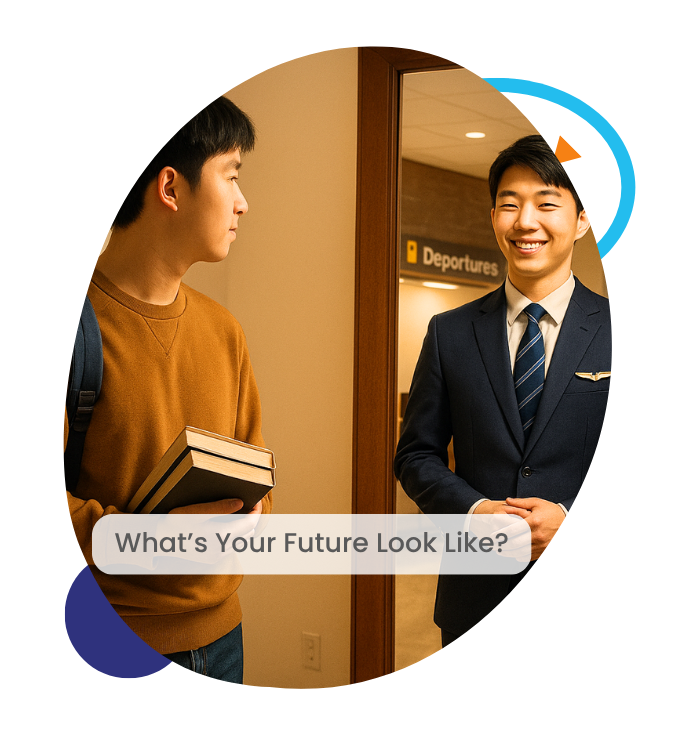 Student with short black hair, wearing a Yellow Jumper with a black back pack and Books in his hand. Looking into a mirror at his future self as an Oulton College Travel and Hospitality Program Graduate working at an Airport.
