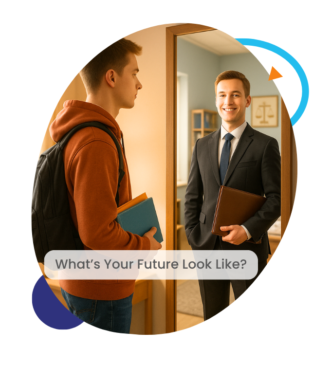 Student with short brown hair, wearing a orange jumper with a black back pack and Books in his hand. Looking into a mirror at his future self as an Oulton College Business Management and Entrepreneurship Program Graduate, wearing a suite and ready to attend a business meeting.