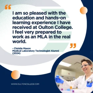 Oulton College medical lab assistant student practicing hands-on training in a lab