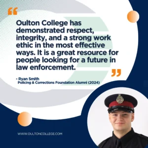 Oulton College policing and Corrections Foundations student practicing hands-on training in a lab