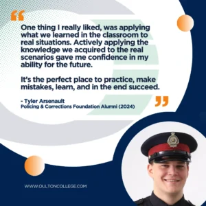 Oulton College policing and Corrections Foundations student practicing hands-on training in a lab