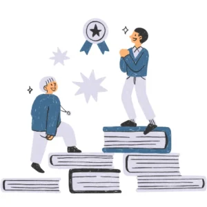 blue bokk laying down and two students climbing the books, to reach their achievement.