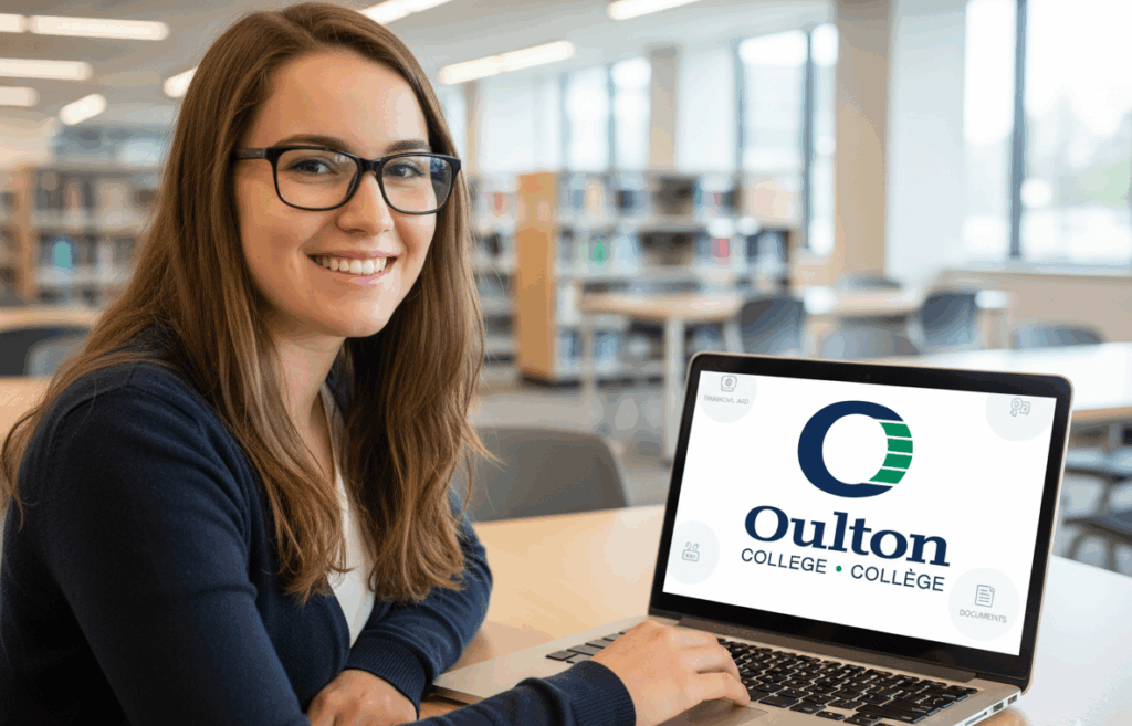 Female prospective student at Oulton college, applying for Canadian Student Loans. Student is navigating to the New Brunswick Student Financial Assistance portal. Student is sitting at a desk with books and documents opened and her laptop in front of her.