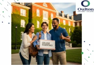Three people are shown, two are parents and the third is a prodpective Oulton college student. A landscape of a college building and a the student holding a box fill with schooling supplies is carried by the student in a box.
