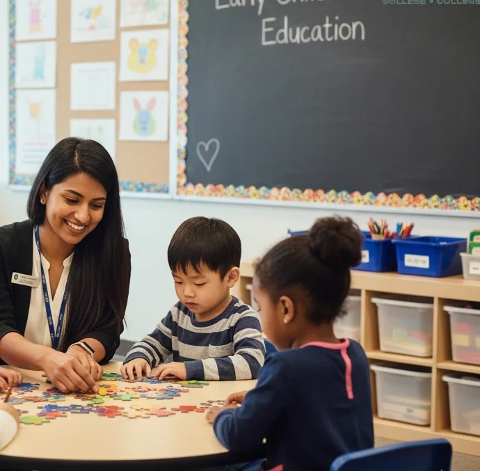Early childhood education / educational assistant during a hand-on practical at Oulton college. Student is in a Preschool setting, sitting with children and helping create a safe and educational environment for the children.