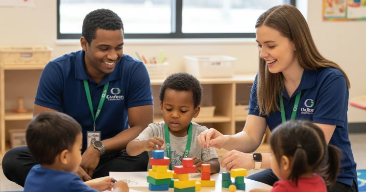 Early childhood education / educational assistant during a hand-on practical at Oulton college. Student is in a Preschool setting, sitting with children and helping create a safe and educational environment for the children.