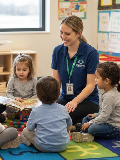 Early childhood education / educational assistant during a hand-on practical at Oulton college. Student is in a Preschool setting, sitting with children and helping create a safe and educational environmentt for the children.