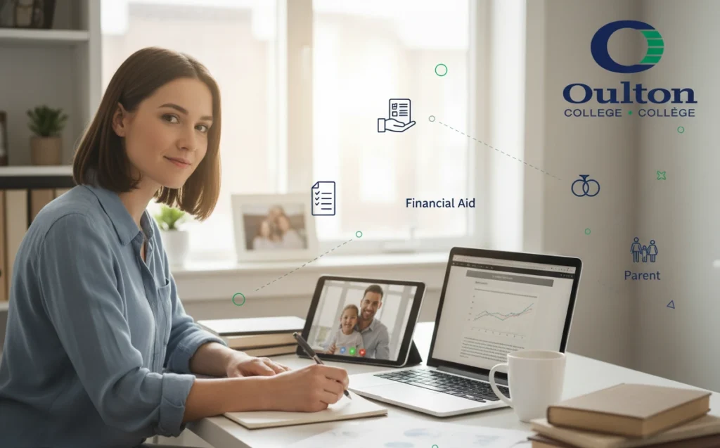 Female student at oulton college, applying for Canadian Student Loans. Student is navigating to the New Brunswick Student Financial Assistance portal.