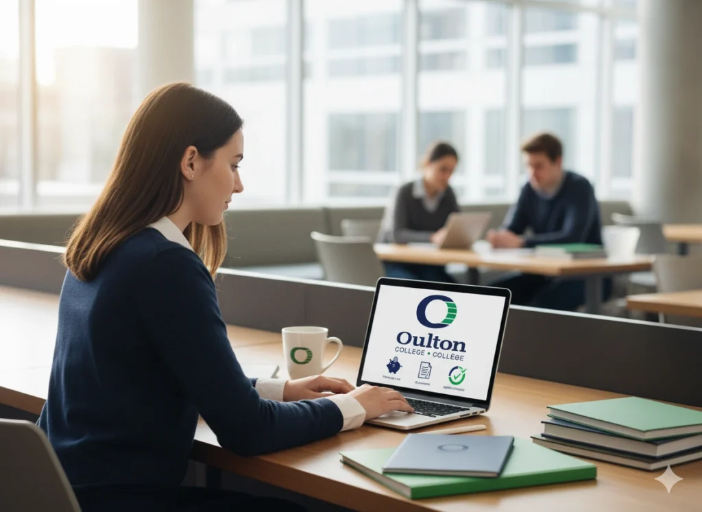 Female student at oulton college, applying for Canadian Student Loans. Student is navigating to the New Brunswick Student Financial Assistance portal.