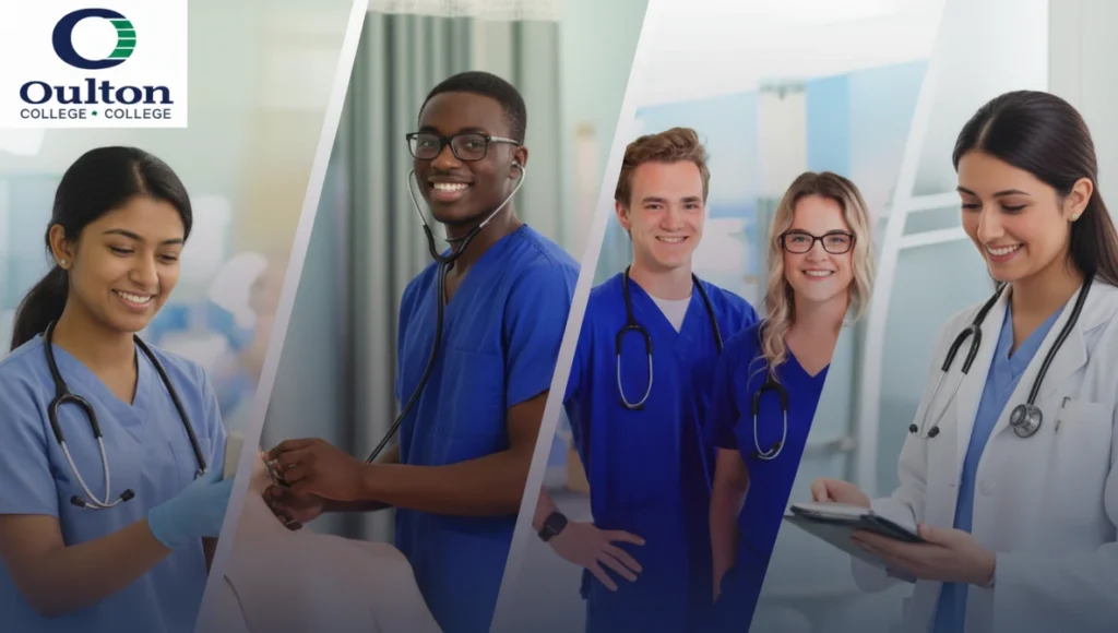 Oulton College BScN students practicing hands-on clinical skills during a class lab session. Oulton College Nursing School students.