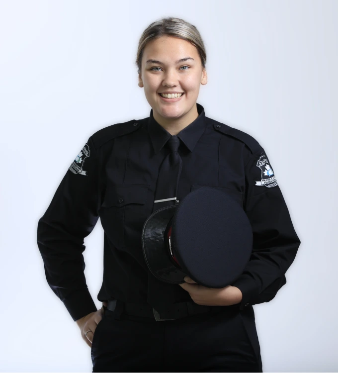 Policing and Corrections Foundation Female Student, from Oulton College in her Uniform getting ready to join her hands on experience, during a hands-on experience practical/ class. Oulton College Traditional Program.