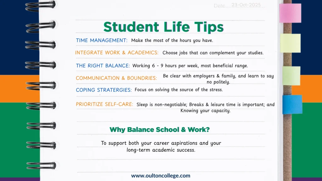 Student life tips: How to balance school and work. An infographic summarising a few trusted ways to balance your education and work.