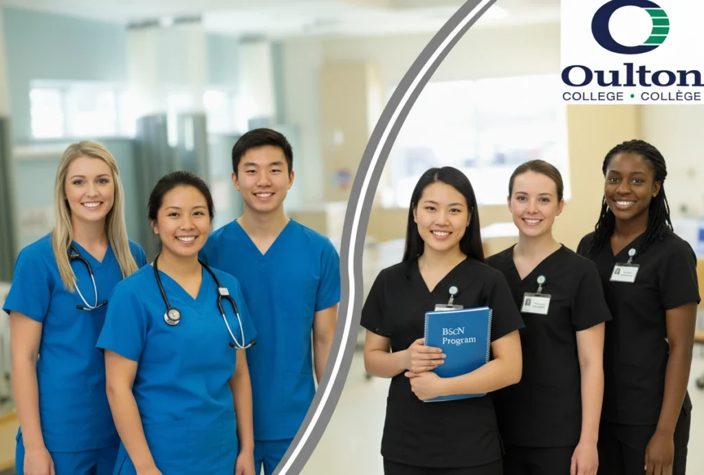 PN to BScN Bridging Opportunities. Two female and two Male Practical Nurses, wearing blue scrubs, contemplating their nursing careers. The Bridging of the Practical Nurses to the Bachelor of Science in Nursing Program.