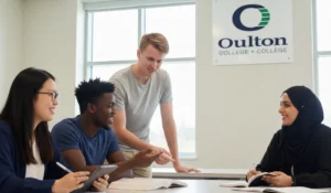 Oulton College has a diversity of students. Student ait around a table during a discussion session, for senario based on real life situations.