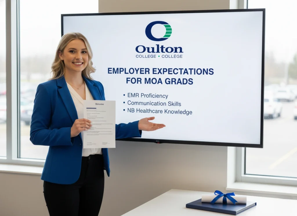 Medical Office Administration Requirements in New Brunswick. Female with Blonde hair, wearing a blue suit, holding an example of a resume. A screen behind her with some requirements for Jobs as a Medical Office Administrator.