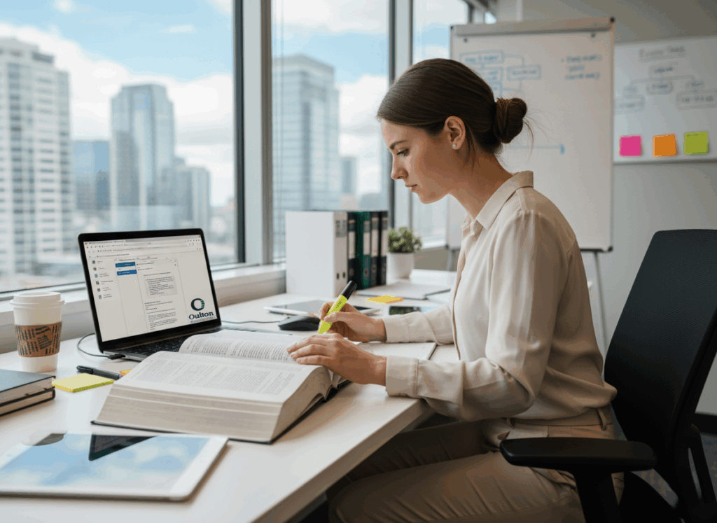 Student Studying. Student is female and using a white blouse, she has a book, laptop and some files in front of her