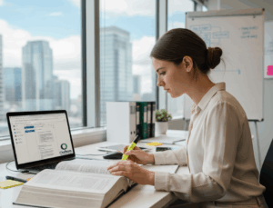 Student Studying. Student is female and using a white blouse, she has a book, laptop and some files in front of her