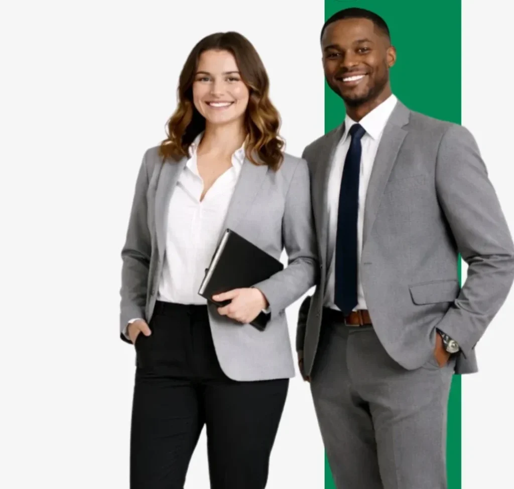 Associate Degree in Business Administration webinar promotion. Two business management professional in formal attire smiling. Webinar is on the 9th of January 2026 at 5pm. Dr Tina Singh, the director of Business at Oulton College will be hosting.