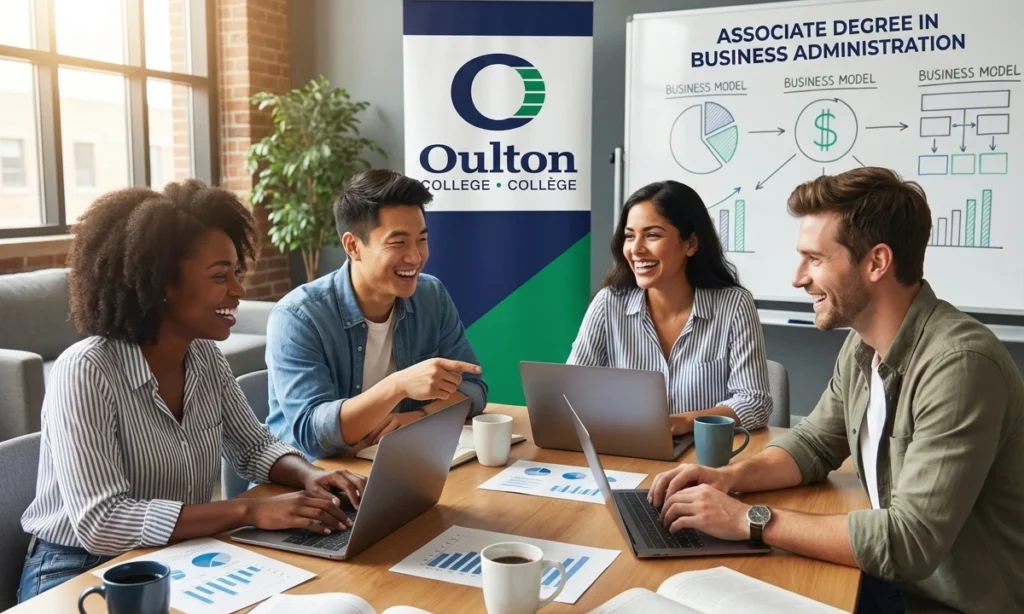 Associate degree in business Administration student, two female and two male students from different ethnic groups. Students are enjoying a assignment session, where theory meets practical's before their OJT starts.