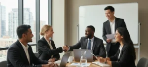 Associate degree in business Administration graduates. One female and Three males from different ethnic groups. There is a female graduate sitting alongside the team as a recent hire. The graduate is enjoying a meeting session, where theory meets practical, what their OJT has prepared the student for.