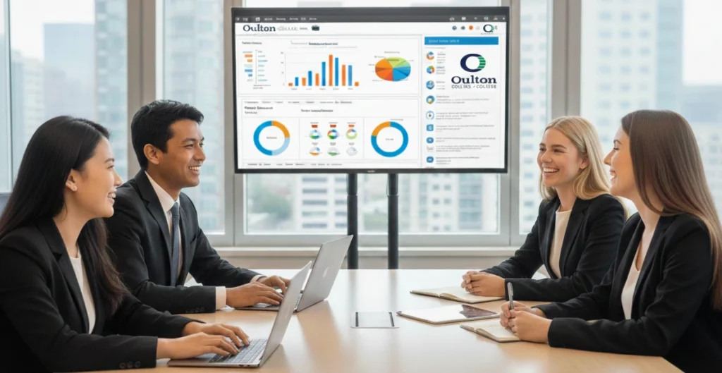 Four business diploma professionals of different ethnic origins, wearing formal attire. Students are going though a Business management portfolio.