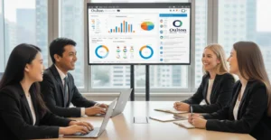 Four business diploma professionals of different ethnic origins, wearing formal attire. Students are going though a Business management portfolio.