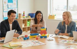 Early Childhood Education in NB students completing a assignment. Two female students and one male student in a classroom setting.