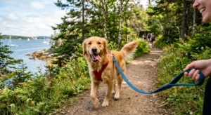 Photo of a happy dog on a leash, possibly on a scenic trail or at a park, emphasizing the joy of pet ownership. And the booming pet
