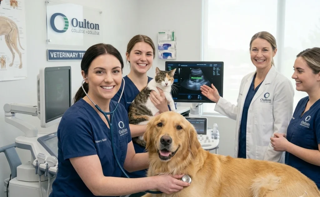 Vet tech students in a practical lab during a hands on session with their instructor. Student is completing a basic check up on a dog.