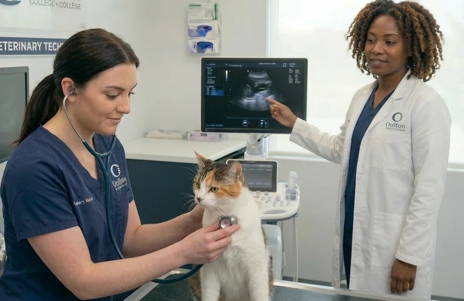 Vet tech student in a practical lab during a hands on session with their instructor. Student is completing a basic check up on a cat.