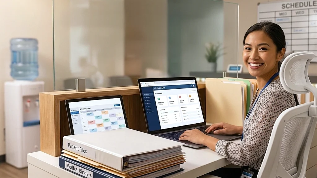 Medical office Administrator at her desk , booking appointments at the front desk. The MOA is a female and using a booking software on her desktop.