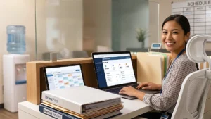 Medical office Administrator at her desk , booking appointments at the front desk. The MOA is a female and using a booking software on her desktop.