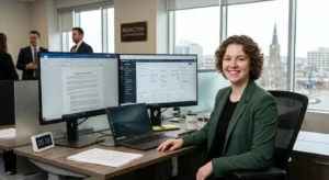 A professional paralegal in NB, in a modern Moncton office using a laptop with two screens, one showing a legal document and the other a case management dashboard.