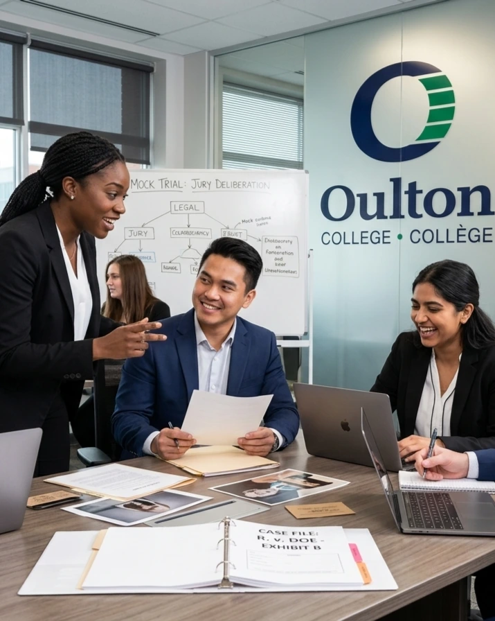 A high-energy classroom setting at Oulton College where students are collaborating on a mock trial scenario.