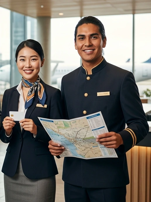 Travel and Hospitality professionals a Flight attendant and a hotel concierge. The flight is wearing her uniform and has flight tickets in her hand to show the process of checking-in and boarding the plane. The Hotel concierge has a map in his hands to symbolize the helpfulness of hotel staff.