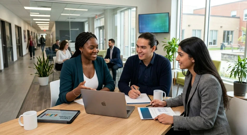 Representing the various Business Career Opportunities available to student sin the BME program. Three individuals are in a collaborative business session. two are female and on is male, in the background is a professional /casual office setting with employees.